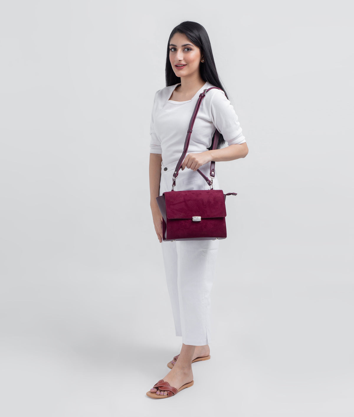 Burgundy suede mini messenger bag