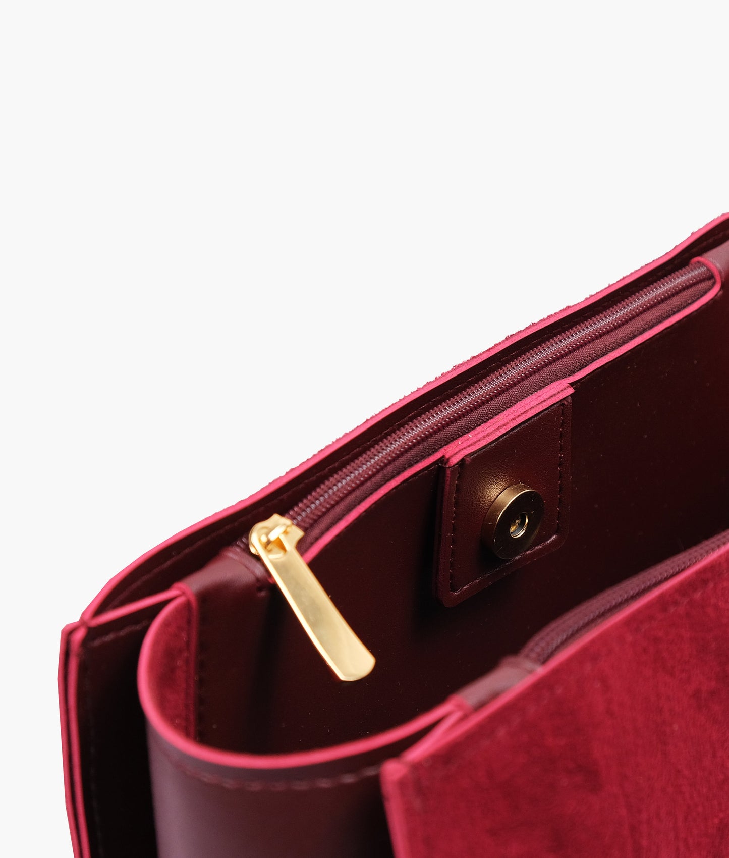 Burgundy suede zipper shoulder bag with long handle